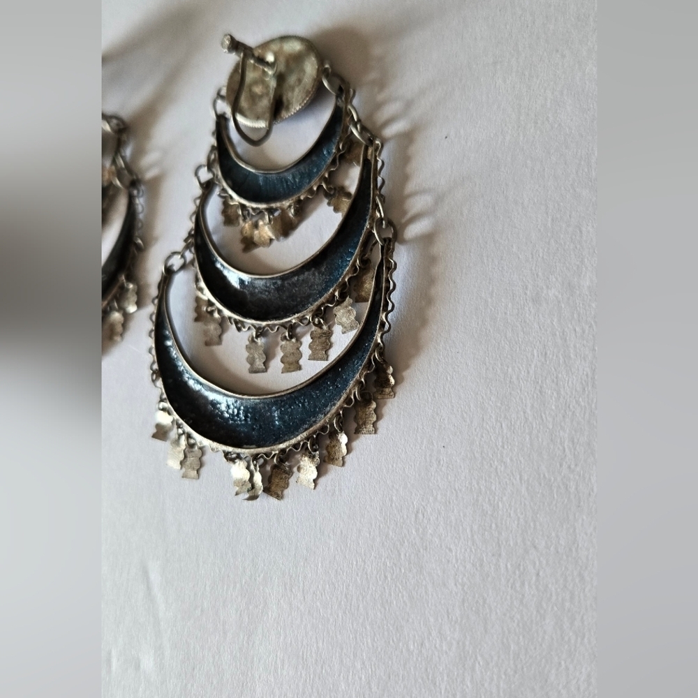 Persian Antique Earrings Sterling Chandellier Clip On Enamel - Picture 8 of 12